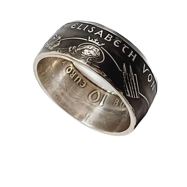10-Euro-Ring aus einer originalen Gedenkmünze von 2007, handgearbeitet aus Silber – symbolisiert die heilige Nächstenliebe von Elisabeth von Thüringen.