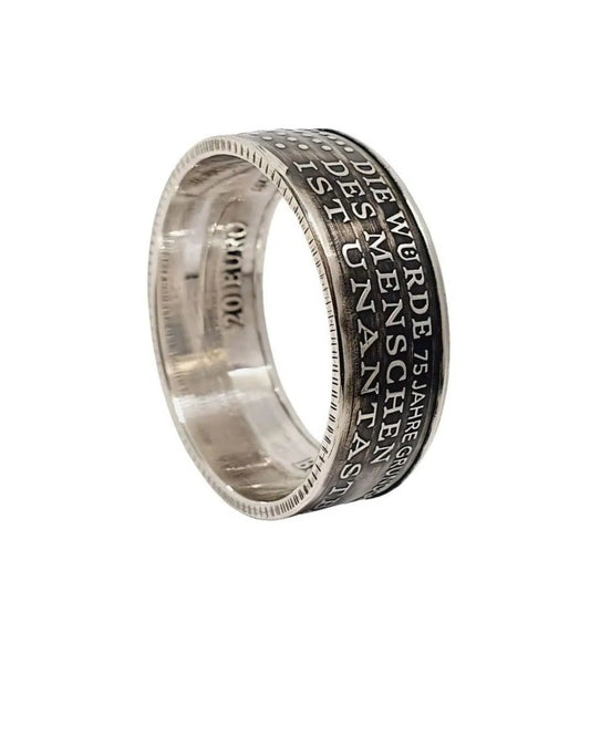 Handgefertigter 20-Euro-Ring aus 925er Silber aus einer originalen 20-Euro-Gedenkmünze 2024 – symbolträchtig zum 75. Jahrestag des Grundgesetzes.