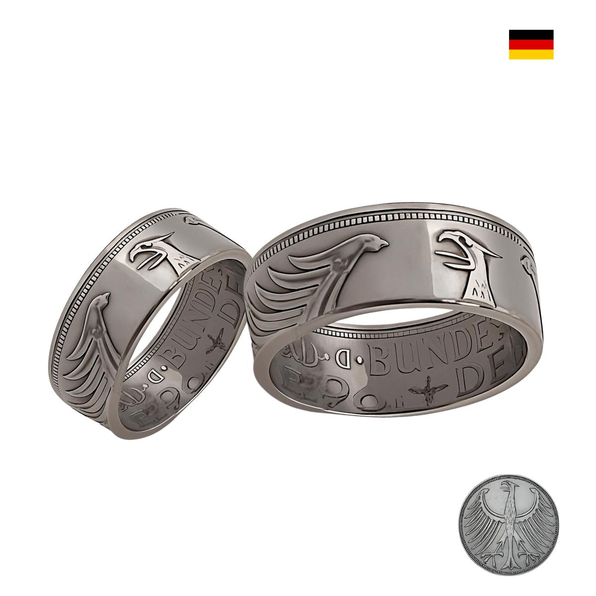 Handgefertigte Vintage-Partnerringe aus 5-DM-Münze, 9 mm breit, kostenloser Versand, perfektes Geschenk für Paare