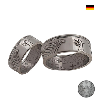 Handgefertigte Vintage-Partnerringe aus 5-DM-Münze, 9 mm breit, kostenloser Versand, perfektes Geschenk für Paare