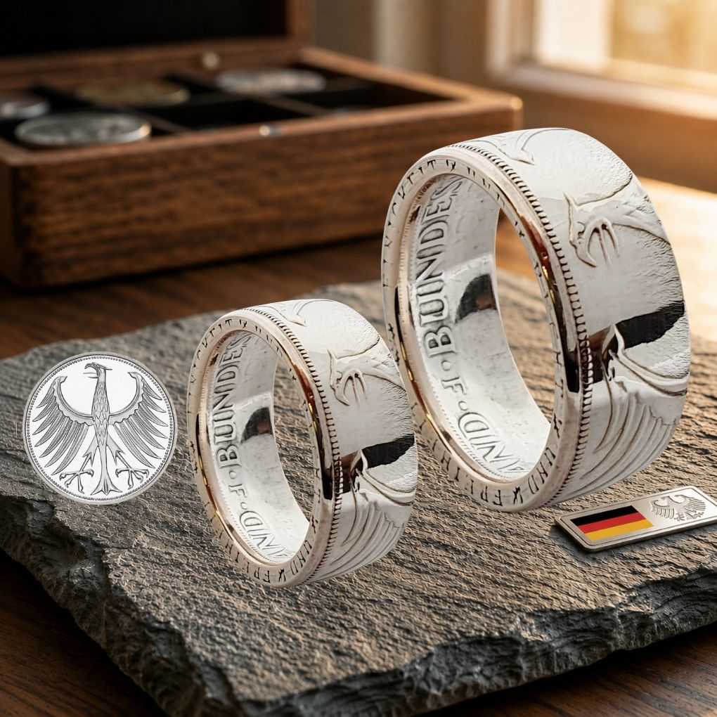 Elegante Partnerringe aus originaler 5-DM-Münze, poliert, 625 Silber – ideal als Ehering mit Gravur