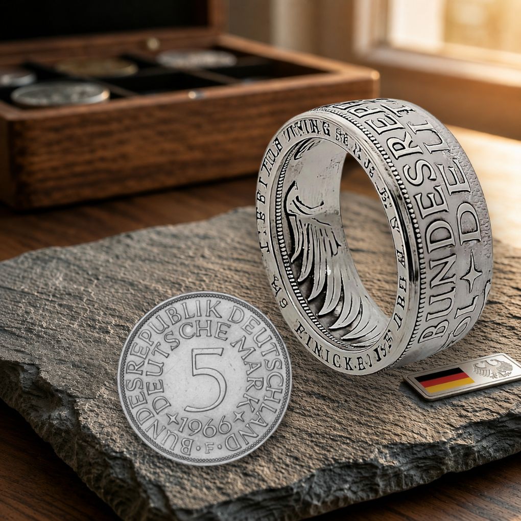 Handgefertigte 5-DM-Münzringe aus originalen Münzen der Jahrgänge 1951–1974, gefertigt aus 625er Silber in Deutschland.