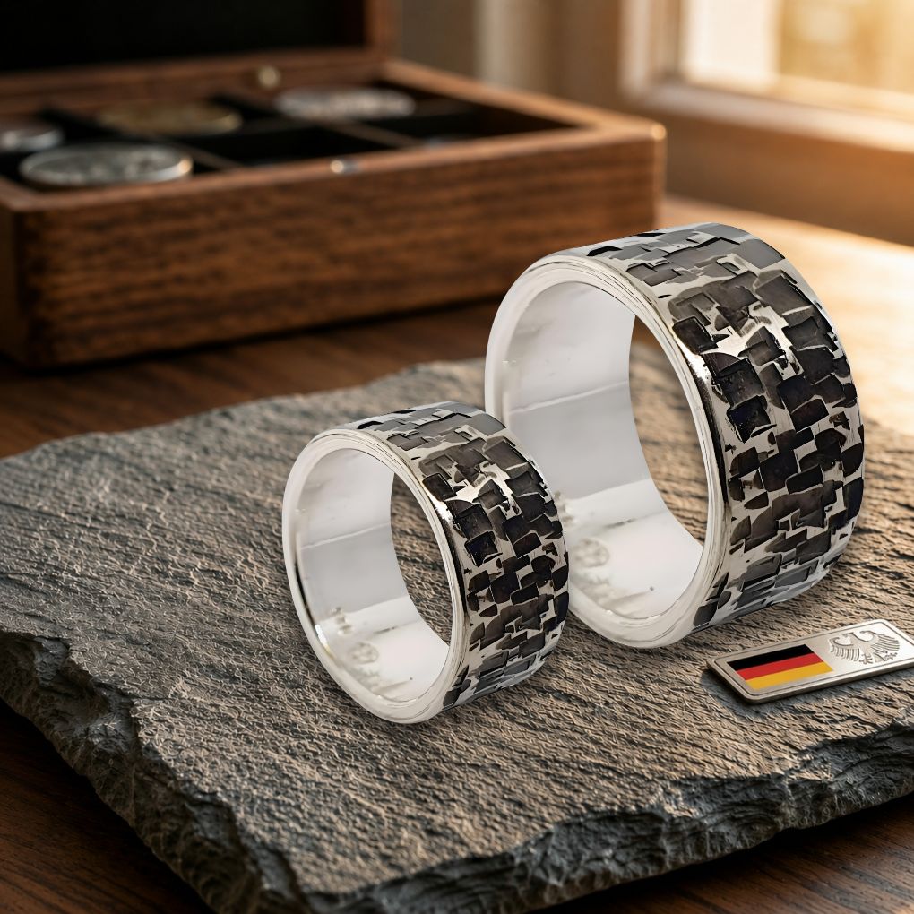 Handgefertigte Partnerringe aus 925 Sterling Silber in Camouflage-Optik mit Glanzkante – einzigartige Unikate mit kostenloser Gravur