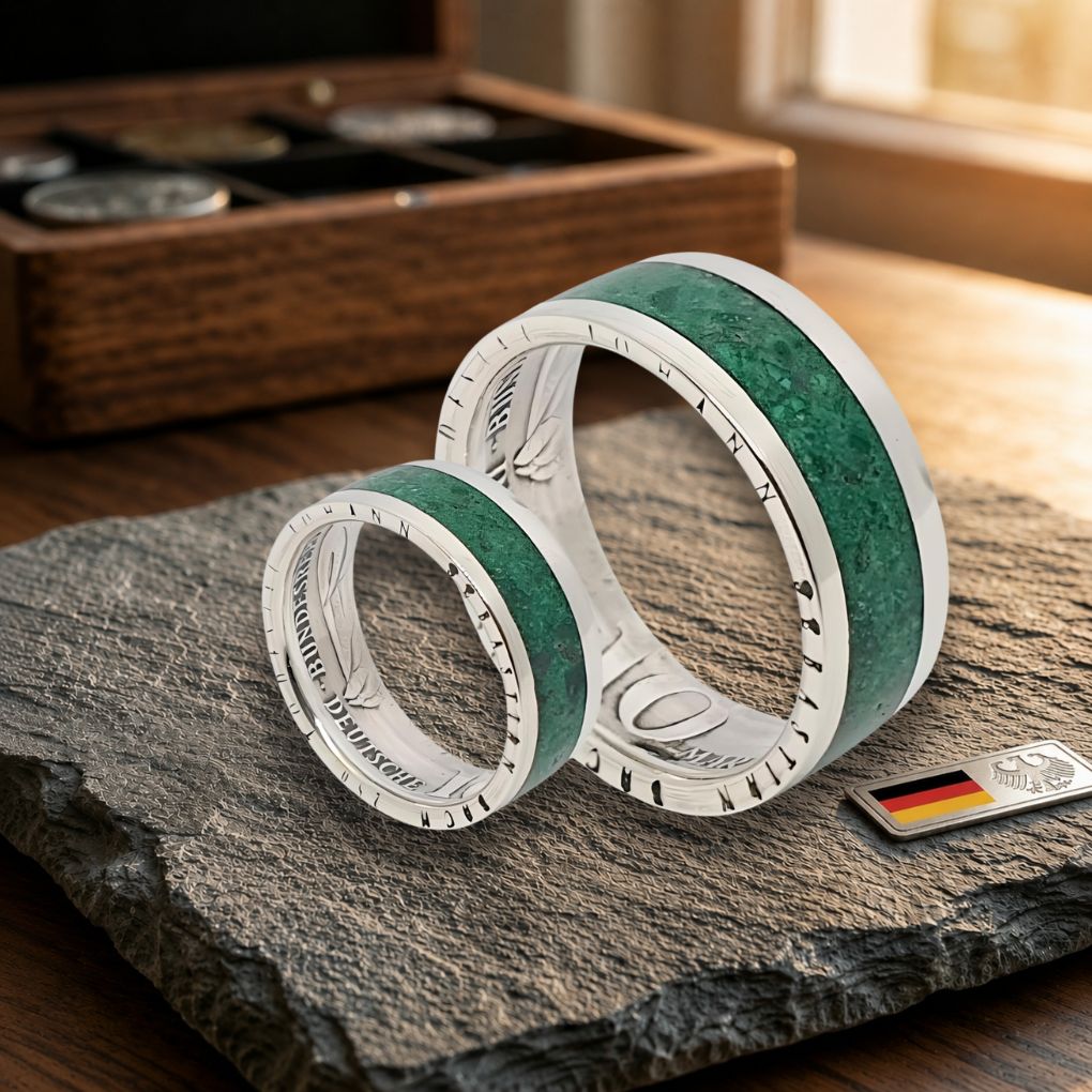 Malachi Ringer Eheringe Silber mit Malachit – handgefertigt mit Gravur – Die-Ringmacher
