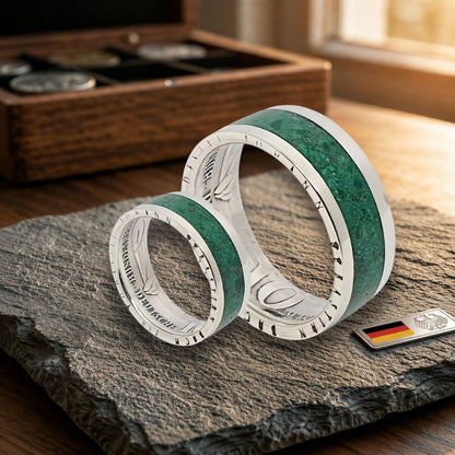 Handgefertigte Partnerringe aus 925 Silber mit Malachitstein – Unikate mit kostenloser Gravur“