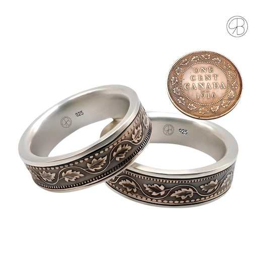 Handgefertigte Partnerringe aus 925er Sterling Silber mit kanadischer 1-Cent-Münze, bombierte Form, kostenlose Gravur