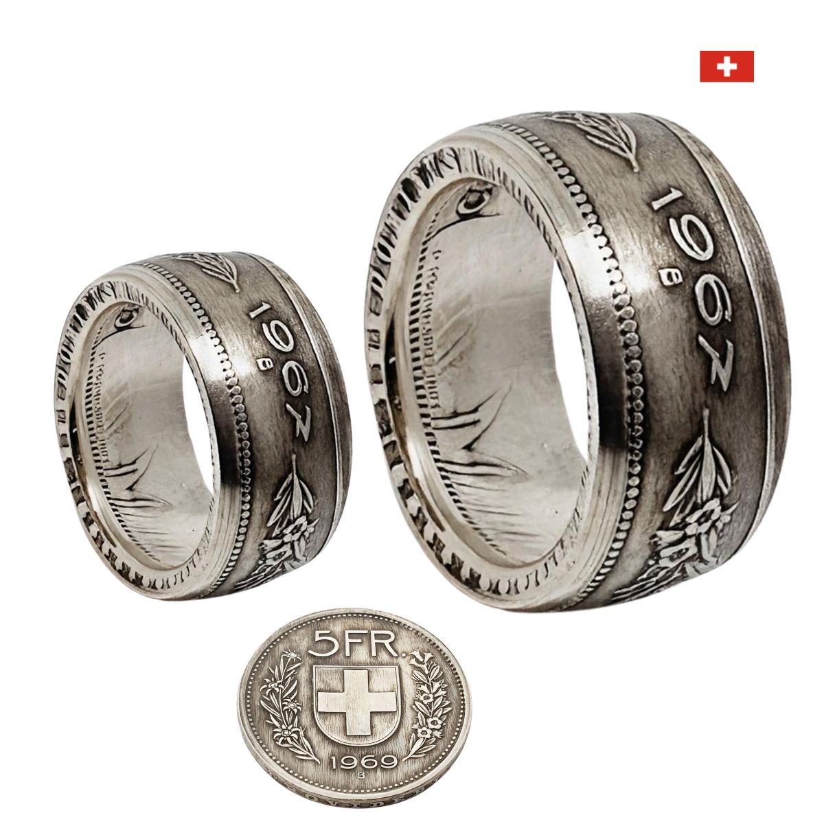 Paar-Ringe aus historischen 5-Franken-Silbermünzen, detailreich gearbeitet und personalisierbar