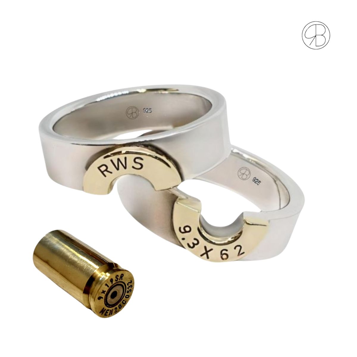 Handgefertigte Silberringe mit vergoldeter Patronenhülse – personalisierte Partnerringe mit kostenloser Gravur.