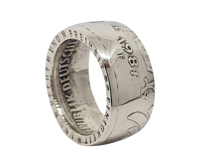 5 DM Münzring mit Wunschjahrgang 1974 - 2001 Seitenansicht - 625er Silber Vintage Schmuck gravierbar
