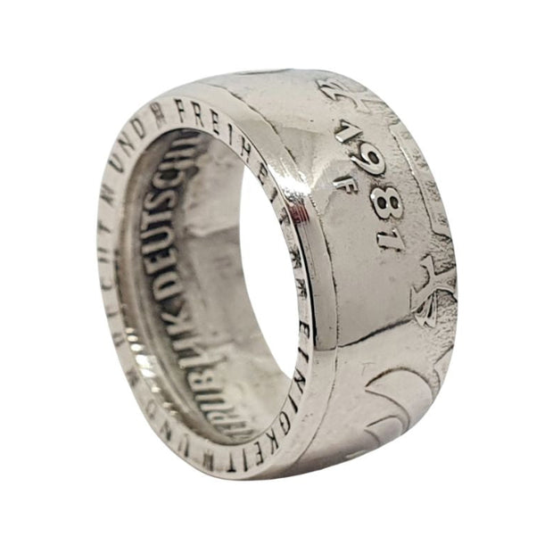 5 DM Münzring mit Wunschjahrgang 1974 - 2001 Seitenansicht - 625er Silber Vintage Schmuck gravierbar
