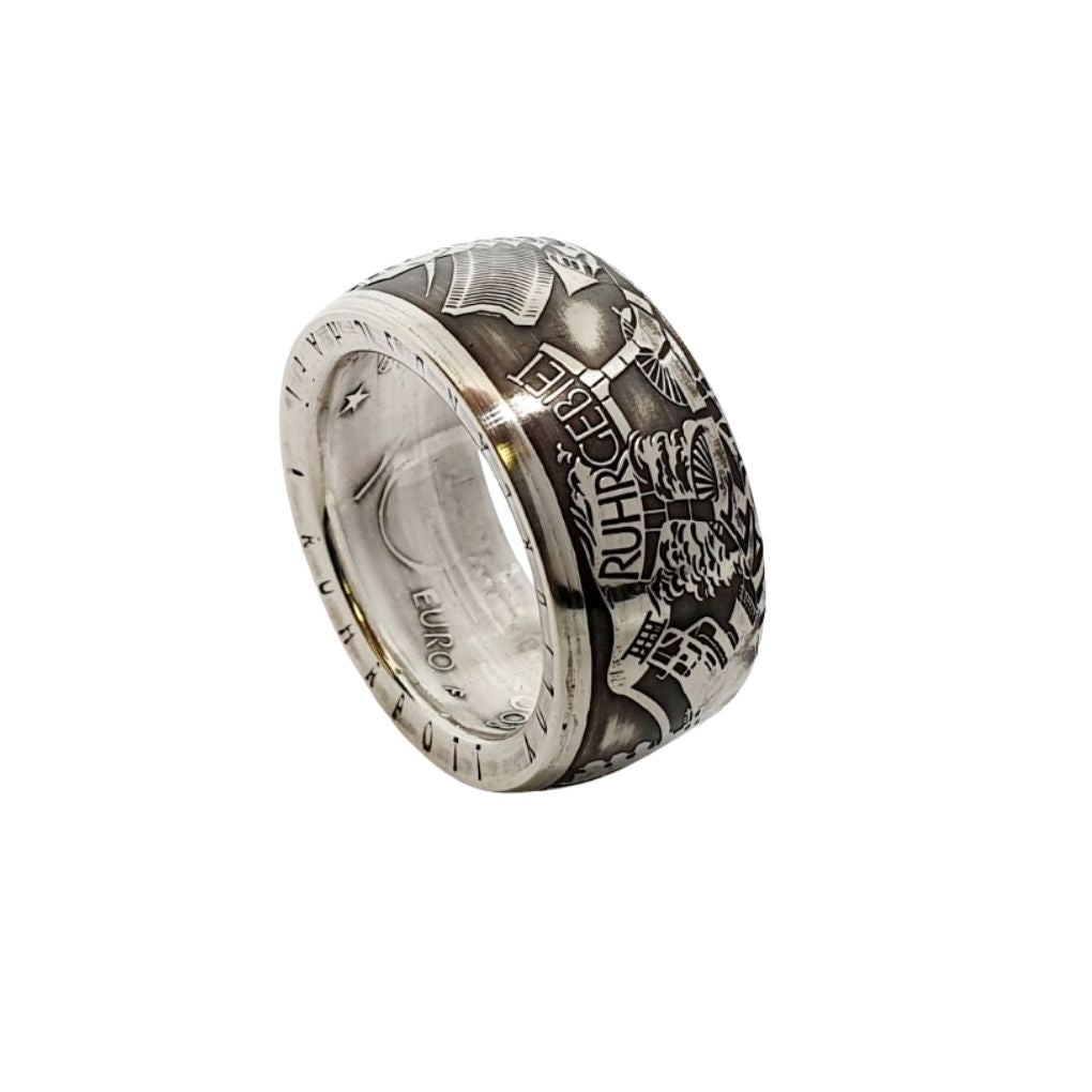 Handgefertigter 10-Euro-Münzring aus Silber, gefertigt aus der originalen 2003er Gedenkmünze – Ruhrgebiet, Herz der deutschen Industrie, Zeche Zollverein gewürdigt.