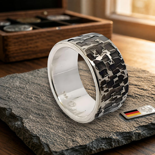 Handgefertigter Silberring mit Camouflage-Muster – 925 Sterling Silber