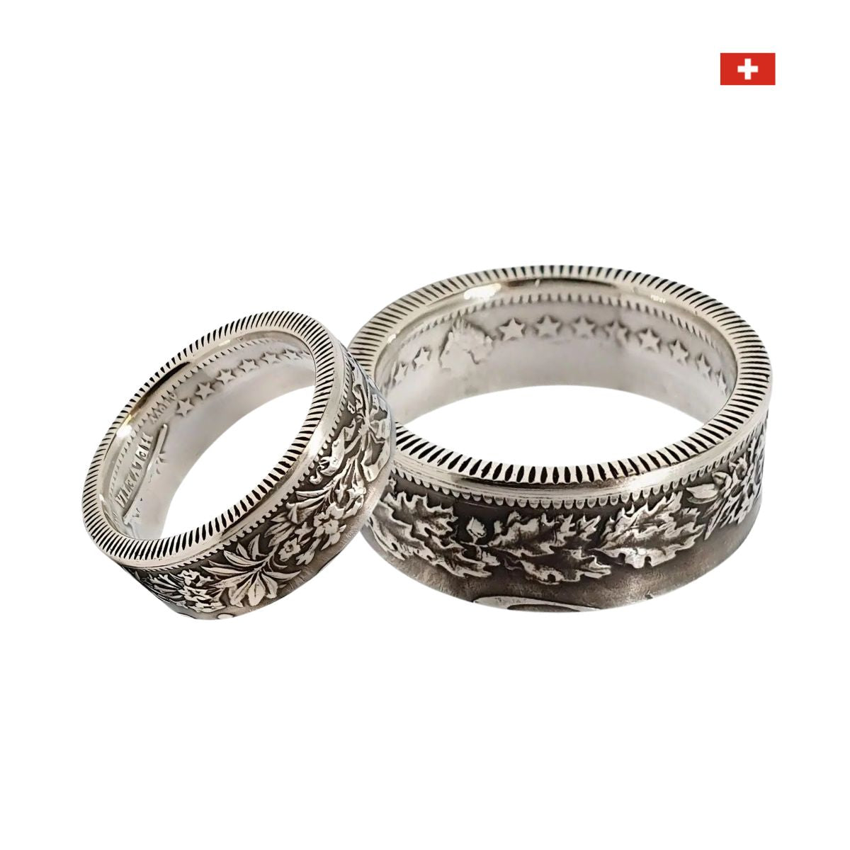 Silberner Münzring als Partnerring, individuell gravierbar und einzigartig.