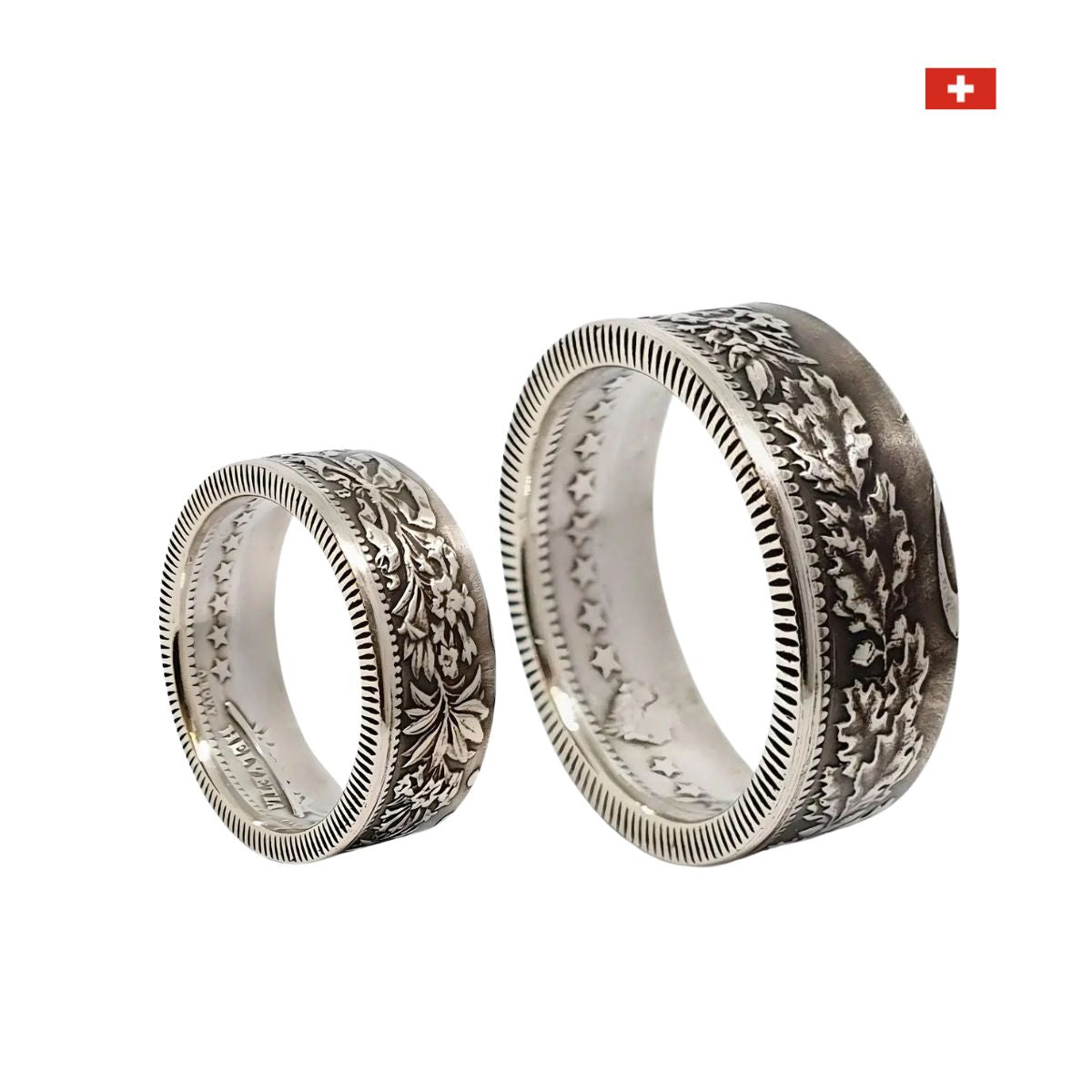 Handgefertigte Partnerringe aus Schweizer 2-Franken-Silbermünzen, poliert und geschwärzt.