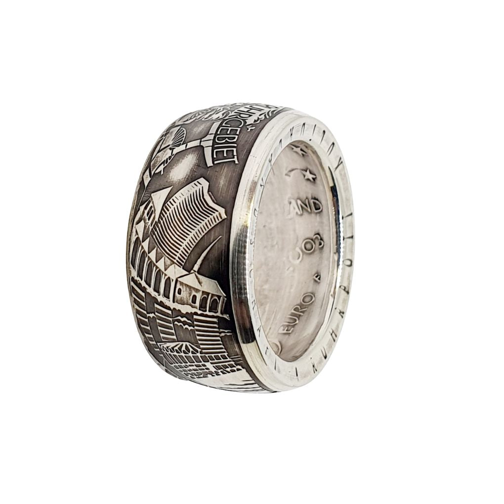 10-Euro-Ring aus einer originalen Gedenkmünze von 2003, handgearbeitet aus Silber – symbolisches Schmuckstück zur Ehrung des Ruhrgebiets und der Zeche Zollverein.