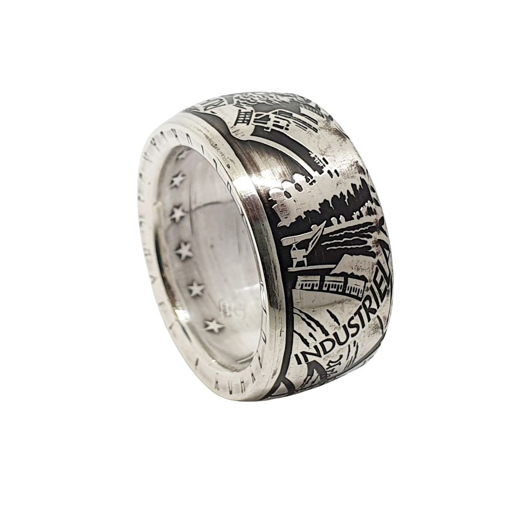 Handgearbeiteter 10-Euro-Münzring aus 2003er Gedenkmünze – Ruhrgebiet, Herz der deutschen Industrie, mit Bezug zur Zeche Zollverein