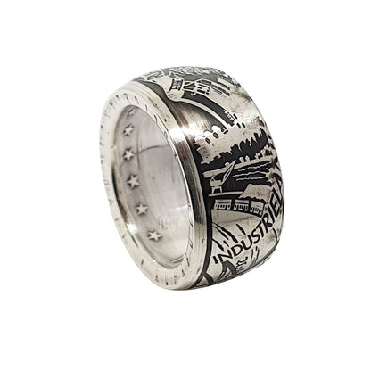 Handgearbeiteter 10-Euro-Münzring aus 2003er Gedenkmünze – Ruhrgebiet, Herz der deutschen Industrie, mit Bezug zur Zeche Zollverein