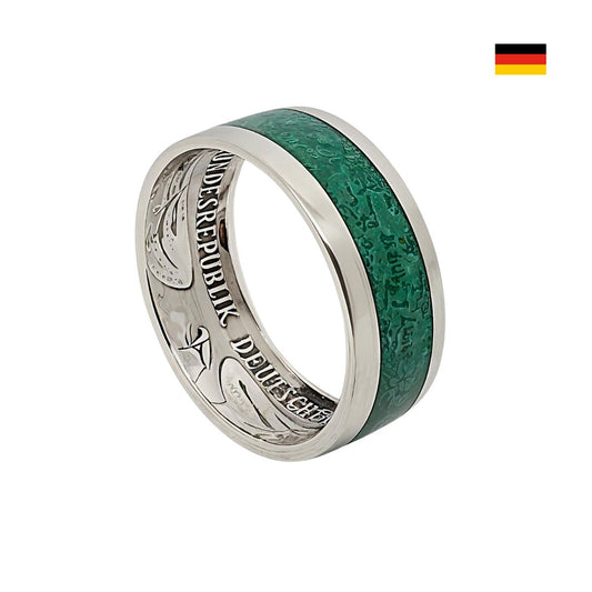 Handgefertigter 10 DM Münzring aus Silber mit grünem Malachit-Inlay - Detailansich