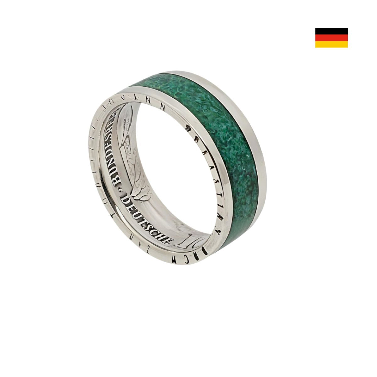 Münzring aus originaler 10 Deutsche Mark mit grünem Malachit - Gesamtansicht