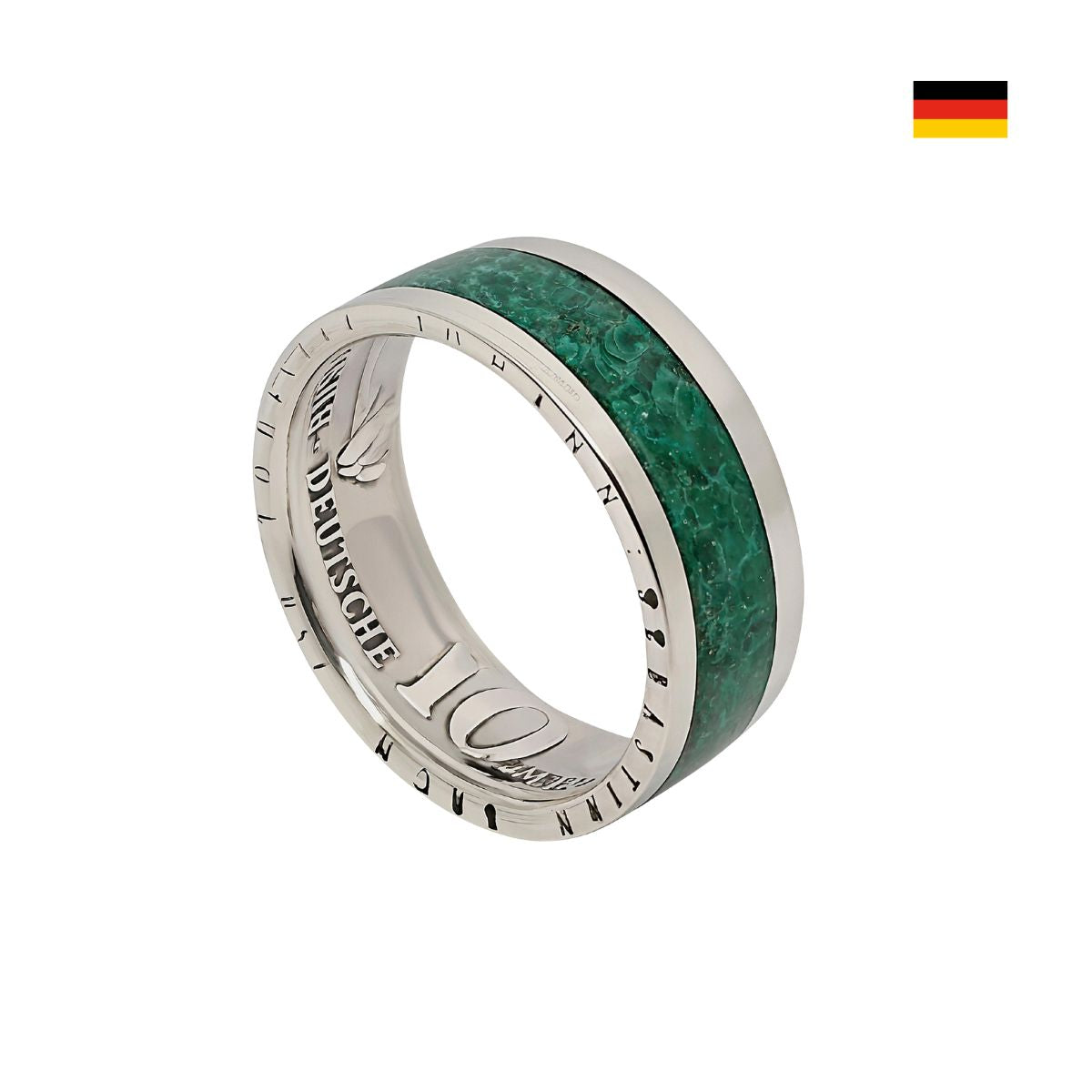 10 DM Silbermünzring mit Malachit-Inlay - Hauptansicht des handgefertigten Schmuckstücks