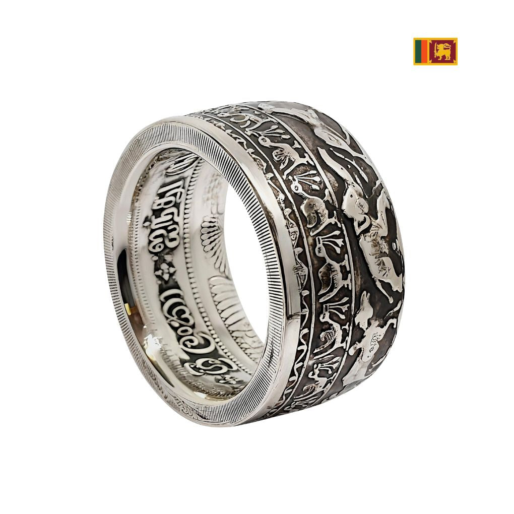 Breiter handgefertigter Silberring aus 5 Rupees Münze Sri Lanka mit buddhistischen Symbolen – einzigartiger Münzschmuck