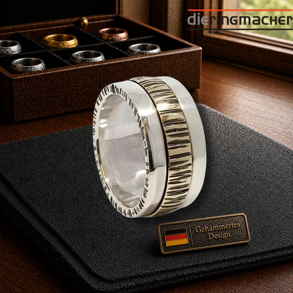 Beeindruckender-Silberring teilvergoldet-mit-edlem-Hammerschlag-