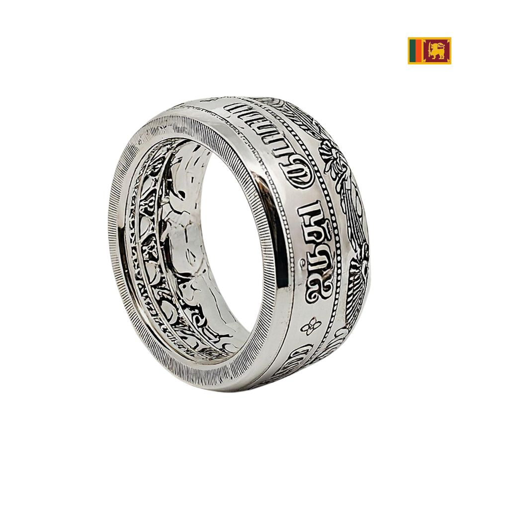 Breiter Silberring aus 5 Rupees Münze von Sri Lanka mit buddhistischen Motiven – handgefertigter Münzring
