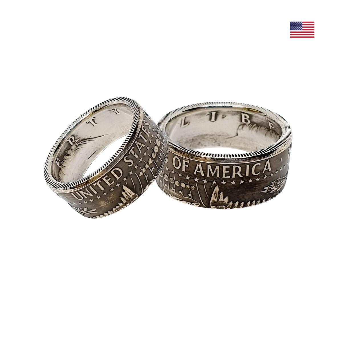 Einzigartige Partnerringe aus JFK-Silbermünzen, personalisierbar mit kostenloser Gravur.