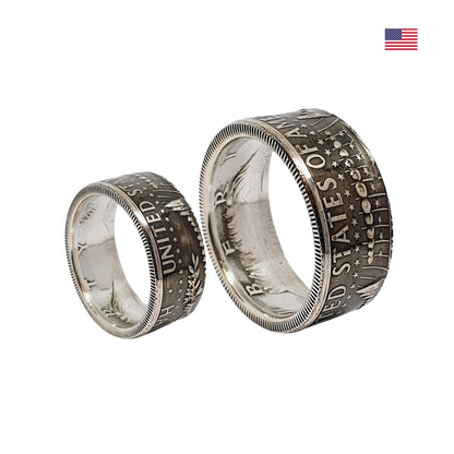 Handgefertigter Münzring aus 900er Silber, JFK ½-Dollar Münze von 1964, mit geschwärztem und poliertem Finish.