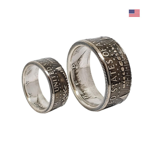 Handgefertigter Münzring aus 900er Silber, JFK ½-Dollar Münze von 1964, mit geschwärztem und poliertem Finish.