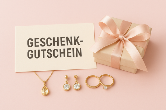 Digitaler Geschenkgutschein für Schmuck, dekoriert mit Geschenkbox und Schmuckstücken“