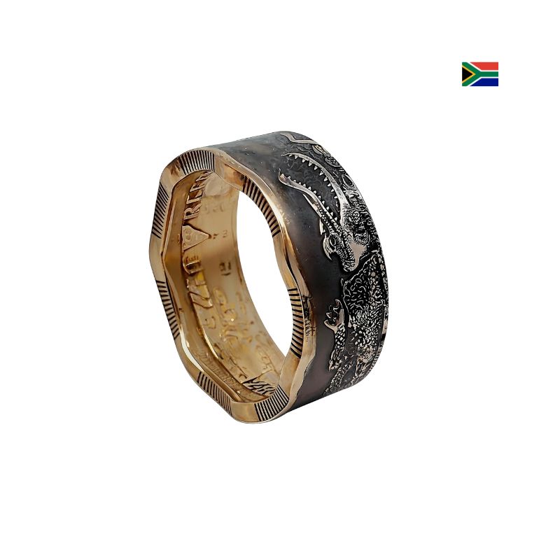 Dalasi-Münzring mit 24K Teilvergoldung und Krokodil-Motiv – handgefertigtes Schmuckstück
