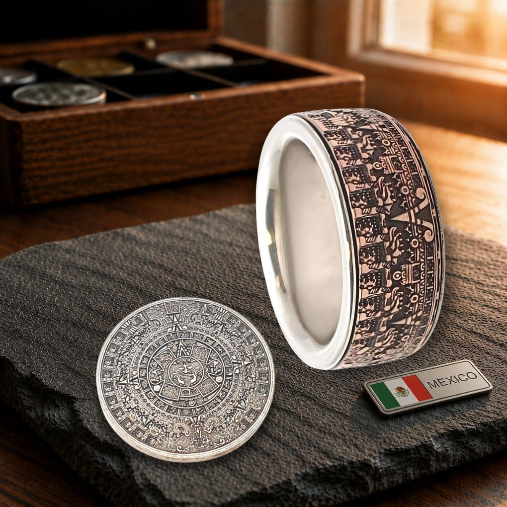 Azteken Maya Kalender Ring – handgefertigtes Schmuckstück, das die mystische Weisheit der alten Hochkulturen verkörpert.